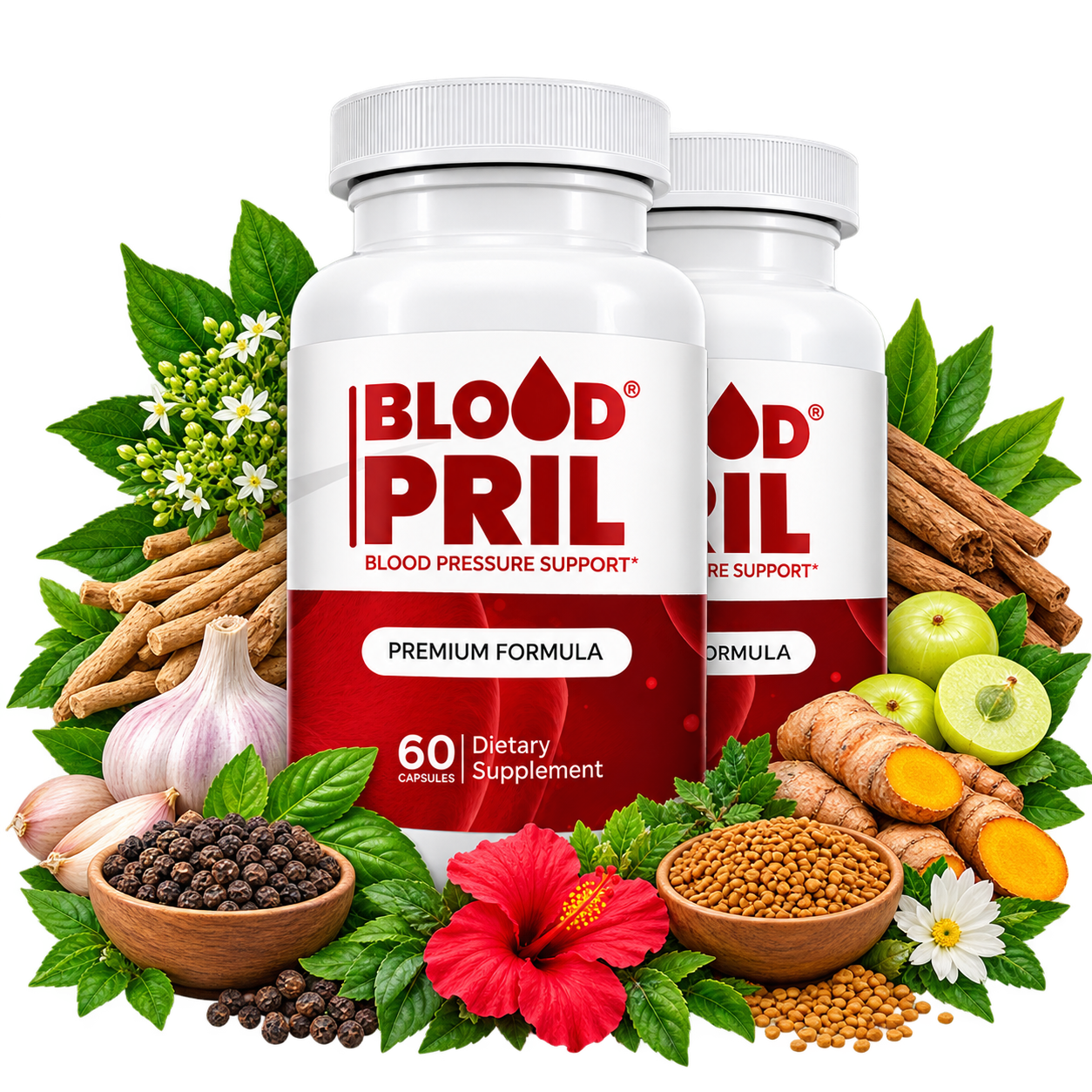 Two bottles of Blood Pril dietary supplement surrounded by botanical ingredients