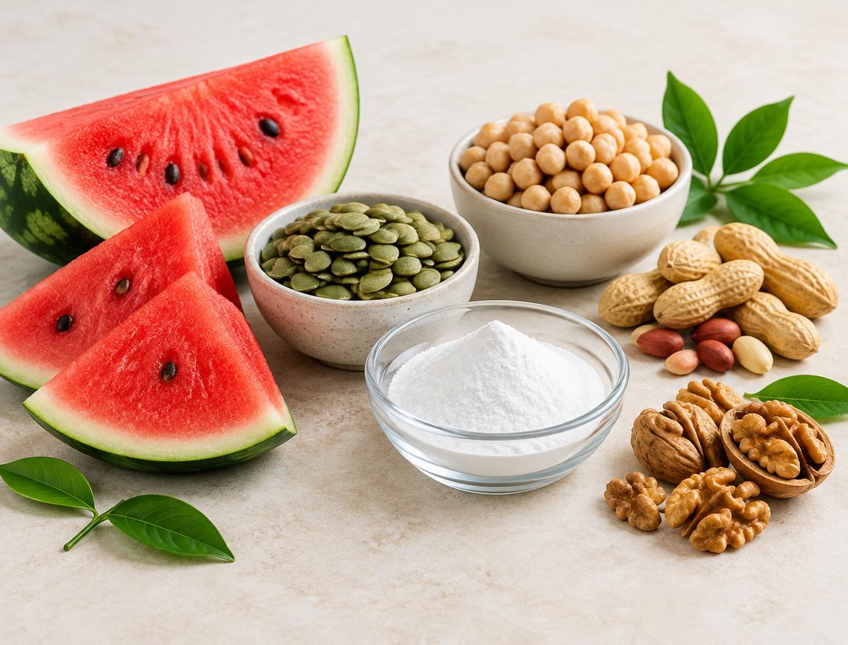 Watermelon, pumpkin seeds, chickpeas, peanuts, and walnuts arranged as illustrative natural food sources associated with citrulline and arginine