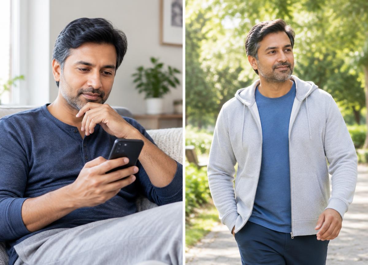 Illustrative side-by-side scenes of a man researching wellness at home and walking outdoors