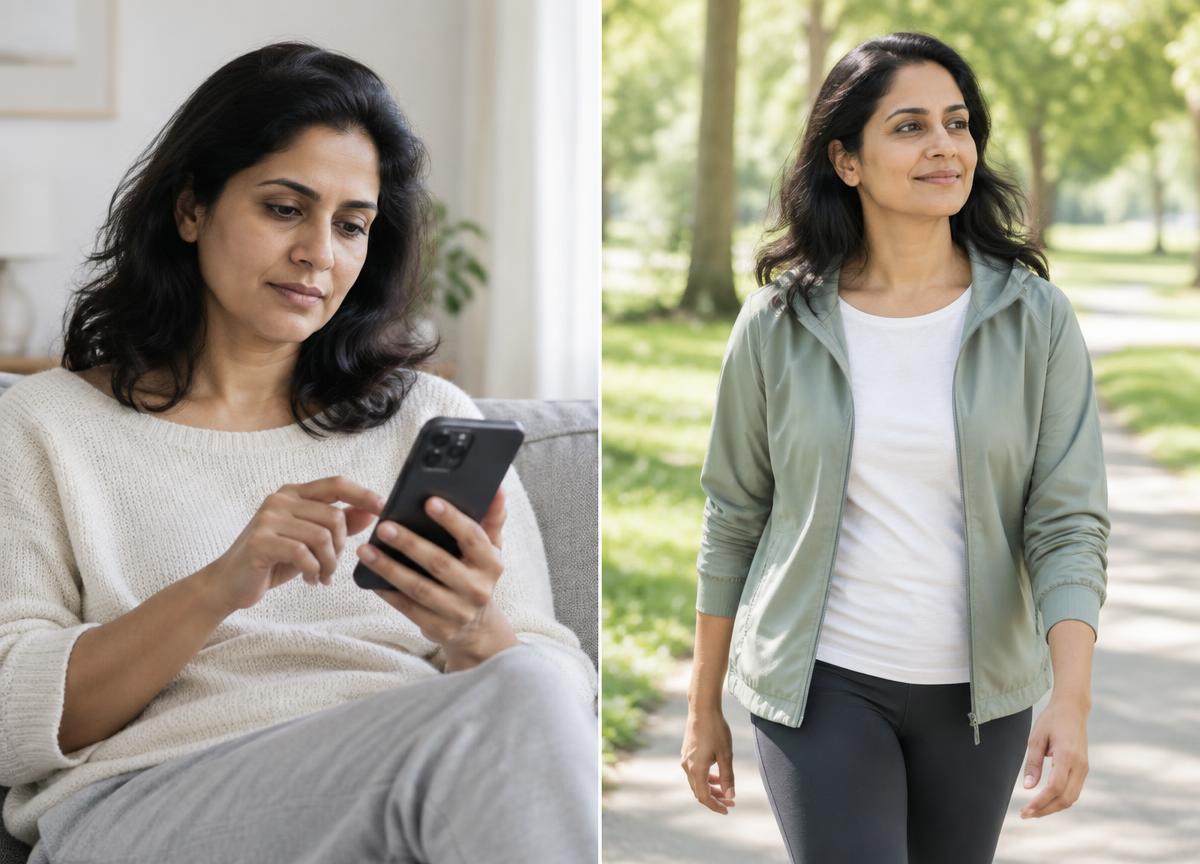 Illustrative side-by-side scenes of a woman researching wellness at home and walking outdoors